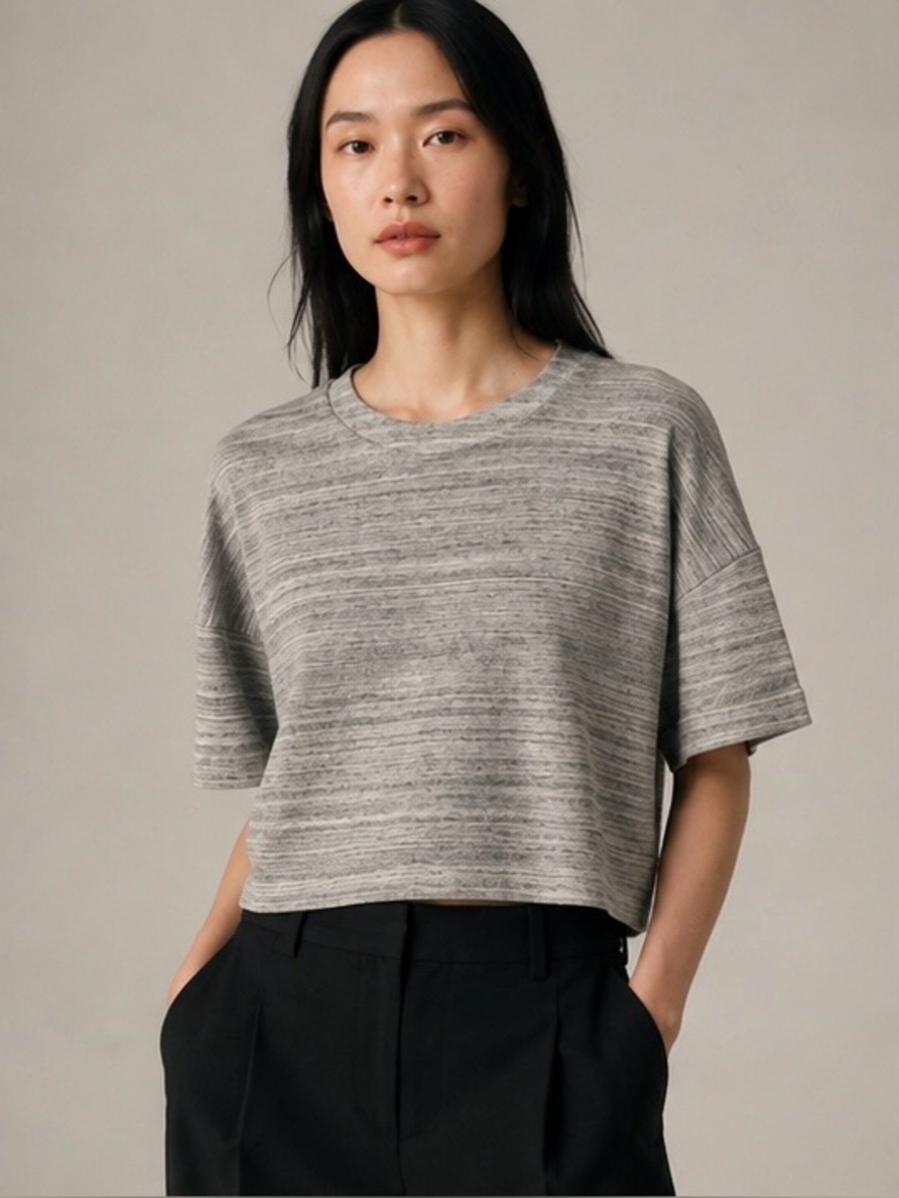 Derek Lam 10 Crosby Gray Stripe Cotton Boxy Crop Top Side Zip 2 Like New